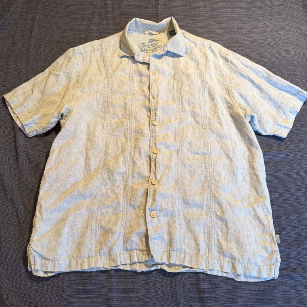 Tommy Bahama Relax Men XL Blue 100% Linen Short Sleeve Pintuck Button Down Shirt